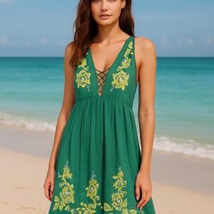 Free People Emerald Green Embroidered Lace Up Mini Dress Boho Festival